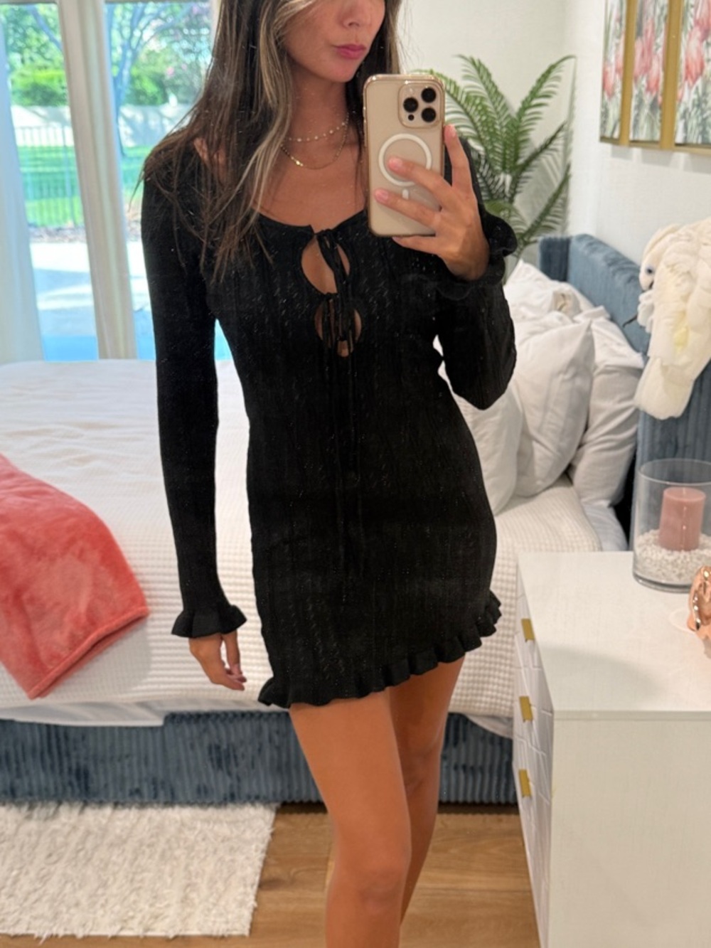 Black Tie-Front Long-Sleeve Knit Mini Dress